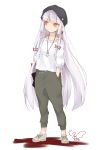  alternate_costume bangs black_hat blunt_bangs blush bow cabbie_hat casual collarbone commentary_request contemporary eyebrows_visible_through_hair floral_print fujiwara_no_mokou full_body grey_pants hair_bow hand_in_pocket hat highres jewelry long_hair long_sleeves no_nose pants pendant pocket puffy_sleeves red_eyes shirt shoes signature silver_hair simple_background sketch sneakers solo standing touhou toutenkou very_long_hair white_background white_bow white_shirt 