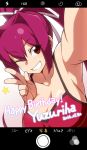  2016 ;d bare_shoulders breasts cellphone happy_birthday highres iphone large_breasts looking_at_viewer official_art one_eye_closed open_mouth osawa_sora phone phone_screen ponytail purple_hair reaching_out red_eyes ribbon self_shot smartphone smile solo star tank_top under_night_in-birth v yuzuriha_(under_night_in-birth) 