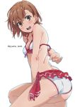  ass bikini breasts brown_eyes brown_hair cowboy_shot frilled_bikini frills from_behind hair_ornament hairclip looking_at_viewer looking_back misaka_mikoto open_mouth puma_(hyuma1219) short_hair side-tie_bikini simple_background small_breasts solo swimsuit to_aru_kagaku_no_railgun to_aru_majutsu_no_index twitter_username upper_teeth white_background white_bikini 