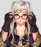  adjusting_eyewear brown_gloves closed_mouth commentary female_my_unit_(fire_emblem:_kakusei) fire_emblem fire_emblem:_kakusei fire_emblem_heroes glasses gloves grey_background highres kamu_(kamuuei) long_hair long_sleeves my_unit_(fire_emblem:_kakusei) simple_background solo twintails white_hair yellow_eyes 