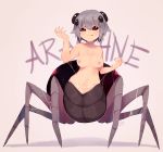  1girl :p arachne benzbt breasts female grey_hair insect_girl milia_wars monster_girl navel nipples no_pupils short_hair smile solo spider_girl tongue tongue_out 