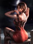  1girl ada_wong adjusting_strap ass bare_shoulders bench bracelet breasts brown_hair dress eyes_closed from_behind highres holster jewelry legs_crossed liang_xing necklace pantyhose pixie_cut red_dress resident_evil short_hair shoulder_holster sitting solo thighband_pantyhose watch 