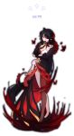  ara_han artist_request aura bare_shoulders bug butterfly dark_aura devi_(elsword) earrings elsword fur_collar hand_to_own_mouth heterochromia horns insect jewelry korean long_hair smile very_long_hair 