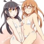  ahoge akai_akasaki bikini black_hair brown_eyes brown_hair commentary_request cowboy_shot flat_chest glasses gradient gradient_background grin kantai_collection long_hair looking_at_viewer mikazuki_(kantai_collection) mochizuki_(kantai_collection) multiple_girls red-framed_eyewear semi-rimless_eyewear side-tie_bikini smile swimsuit twitter_username under-rim_eyewear white_bikini yellow_eyes 