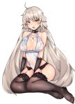  1girl ahoge bare_shoulders black_legwear blush eyebrows_visible_through_hair fate/grand_order fate_(series) feet hair_between_eyes halterneck highres jeanne_d&#039;arc_(alter)_(fate) jeanne_d&#039;arc_(fate)_(all) jewelry long_hair looking_at_viewer mutsu_ane_daisuki necklace no_shoes open_mouth royal_icing simple_background solo toes white_background 