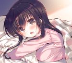  1girl :d bangs blush breasts brown_eyes brown_hair commentary_request eyebrows_visible_through_hair fingernails from_side highres large_breasts long_sleeves looking_at_viewer looking_to_the_side open_mouth original pillow pillow_hug pink_shirt shirt smile solo suzune_rena suzunone_rena under_covers 