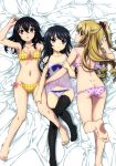  3girls absurdres aiba_asagi armpits ass barefoot bed_sheet black_hair black_legwear blonde_hair blue_bow blue_eyes bow bow_bra bra breasts brown_eyes cleavage collarbone copyright_name feet from_above girl_sandwich hair_between_eyes hair_ornament hair_scrunchie hairclip hand_on_another's_leg highres himeragi_yukina leg_up lingerie long_hair looking_at_viewer looking_back lying medium_breasts minamiya_natsuki multiple_girls navel negligee official_art on_back on_stomach open_bra open_mouth panties panty_pull pink_bow pink_bra pink_panties polka_dot polka_dot_bra polka_dot_panties red_eyes red_scrunchie sandwiched scrunchie shiny shiny_hair shiny_skin side_ponytail small_breasts soles strike_the_blood thighhighs underwear underwear_only very_long_hair yellow_bra yellow_panties 