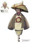  artist_name baltoy black_hair brown_footwear chinese_hat closed_eyes full_body hat highres personification pokemon simple_background solo standing tamtamdi white_background wide_sleeves 