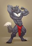  2018 abs anthro biceps canine clothing digital_media_(artwork) eyes_closed fur furrybob hi_res licking_self loincloth male mammal muscular muscular_male pecs solo wolf 