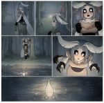  1girl :o antennae artist_name black_sclera comic commentary english_commentary forest fur_collar grey_hair heart highres long_hair matilda_vin monster_girl moth_girl moth_wings mother_lumi multiple_arms nature night original outdoors silent_comic tree water white_eyes wings 