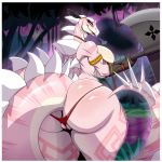  2018 absurd_res amazon_(dragon&#039;s_crown) anthro armband axe battle_axe ber00 big_breasts big_butt bikini breasts breath butt butt_pose clothing dinosaur dragon&#039;s_crown female gloves hi_res holding_object holding_weapon horn lizard_tail long_tail melee_weapon panties pink_eyes pink_scales pussy pussy_floss scales scalie solo spikes swimsuit thick_tail thick_thighs underwear voluptuous weapon 