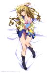  2018 absurdres aiba_asagi arm_up black_legwear blonde_hair blue_skirt blush bow bow_bra bra breasts brown_eyes cardigan cleavage collarbone copyright_name dakimakura frilled_bra frills from_above full_body hair_between_eyes hair_ornament highres kneehighs long_hair looking_at_viewer lying medium_breasts miniskirt mogwai_(strike_the_blood) official_art on_back open_cardigan open_clothes panties pink_bow pink_bra pink_panties pleated_skirt saikai_academy_uniform sailor_collar school_uniform shiny shiny_skin skirt solo strike_the_blood torn_clothes torn_skirt underwear very_long_hair yellow_cardigan 