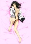  absurdres barefoot bed_sheet black_hair blush borrowed_garments breasts brown_eyes cleavage collarbone covering covering_breasts dakimakura from_above full_body groin highres himeragi_yukina long_hair looking_at_viewer lying medium_breasts naked_sweater navel official_art on_back open_mouth shiny shiny_skin solo strike_the_blood sweater white_sweater 