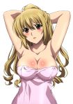  :d absurdres aiba_asagi armpits arms_behind_head arms_up blonde_hair blush breasts brown_eyes cleavage collarbone hair_between_eyes head_tilt high_ponytail highres large_breasts long_hair looking_at_viewer naked_towel official_art open_mouth pink_towel shiny shiny_hair shiny_skin simple_background smile solo strike_the_blood towel upper_body white_background 
