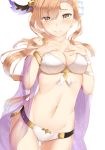  absurdres armband ass_visible_through_thighs bad_id bad_pixiv_id bangs bare_shoulders bikini blush breasts brown_eyes brown_hair cape cleavage closed_mouth collarbone commentary eyebrows_visible_through_hair flower granblue_fantasy groin hair_between_eyes hair_ornament hand_on_own_chest head_wings highres jewelry large_breasts long_hair looking_at_viewer mengo navel simple_background skindentation smile solo song_(granblue_fantasy) standing swimsuit thighs white_background 