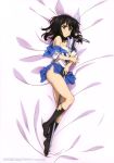  2018 absurdres bed_sheet black_hair black_legwear blue_skirt blush bra breast_press breasts brown_eyes cleavage collarbone copyright_name dakimakura from_above full_body highres himeragi_yukina holding holding_weapon kneehighs long_hair looking_at_viewer lying medium_breasts miniskirt off_shoulder official_art on_side pleated_skirt polearm saikai_academy_uniform sailor_collar school_uniform shiny shiny_skin shirt short_sleeves skirt solo spear strike_the_blood torn_clothes torn_legwear torn_shirt torn_skirt underwear weapon white_bra white_shirt 