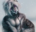  2018 anthro breasts collar digital_media_(artwork) featureless_breasts feline female fur grey_fur hair leash leopard mammal no_sclera purple_eyes safiru simple_background snow_leopard solo whiskers white_hair 