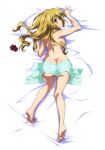  absurdres aiba_asagi aqua_towel ass barefoot bed_sheet blonde_hair blush breasts brown_eyes dakimakura from_above full_body head_tilt highres long_hair looking_at_viewer looking_back lying medium_breasts nude official_art on_stomach scrunchie_removed shiny shiny_skin sideboob soles solo strike_the_blood very_long_hair 