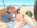  ass_visible_through_thighs bangs bare_shoulders beach beach_towel beach_umbrella bikini black_ribbon blue_sky blush breasts center_opening cleavage cleavage_cutout closed_mouth cloud collarbone commentary_request day eyebrows_visible_through_hair food fruit girls_frontline groin hair_ribbon highres korean_commentary large_breasts looking_at_viewer lying navel ocean on_side outdoors popsicle red_eyes ribbon sand shiny shiny_skin side-tie_bikini silver_hair skindentation sky smile solo spas-12_(girls_frontline) spread_legs stomach sunlight swept_bangs swimsuit thigh_strap towel twintails uleuleuleu umbrella underboob water watermelon 