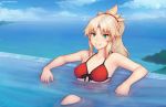  arm_rest armpits beach bikini blonde_hair blue_sky blurry boat breasts cleavage collarbone commentary_request day depth_of_field fate/grand_order fate_(series) front-tie_bikini front-tie_top green_eyes island looking_at_viewer medium_breasts mordred_(fate)_(all) mordred_(swimsuit_rider)_(fate) ocean partially_submerged ponytail pool red_bikini sitting sky smile solo swimsuit unsomnus upper_body water watercraft 