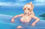  areolae arm_rest armpits beach blonde_hair blue_sky blurry boat breasts collarbone day depth_of_field fate/grand_order fate_(series) green_eyes island looking_at_viewer medium_breasts mordred_(fate)_(all) mordred_(swimsuit_rider)_(fate) nipples nude ocean partially_submerged ponytail pool sitting sky smile solo tan tanline unsomnus upper_body water watercraft 