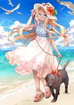  :d beach bird black_dog blonde_hair blue_eyes blue_sky blush cloud day dog floral_print flower full_body hand_up hat hat_flower highres kawanobe leash long_hair ocean open_mouth original outdoors sandals seagull skirt sky smile standing sun_hat tan very_long_hair walking white_hat white_skirt 