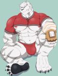  2018 abs anthro biceps blue_eyes clothing digital_media_(artwork) dragon0324r feline fur grimoire_of_zero hi_res male mammal mercenary_(character) muscular muscular_male nipples pecs simple_background solo stripes tiger underwear white_fur white_tiger 