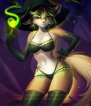  2018 5_fingers anthro armwear bikini biped black_eyebrows black_nose bra breasts canine cheek_tuft cleavage clothed clothing digital_media_(artwork) elbow_gloves eyebrows eyelashes female fluffy fluffy_tail fox fur gloves green_eyes green_hair hair halloween hat holidays leg_garter legwear long_tail magic magic_user mammal midriff multicolored_fur navel nitricacid one_eye_closed panties pointing red_fox simple_background skimpy smile solo standing stockings string_bikini swimsuit tan_fur tan_tail thigh_highs tight_clothing tuft two_tone_fur two_tone_tail underwear wide_hips wink witch witch_hat 