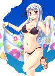  bikini black_bikini blue_sky bracelet breasts cloud cowboy_shot day floral_print hair_ornament hidamari_sketch high_heels highres jewelry large_breasts long_hair looking_at_viewer matsuri_(hidamari_sketch) open_mouth red_eyes sandals silver_hair sky smile solo standing standing_on_one_leg swimsuit towel utomo white_towel 