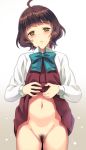  ahoge bangs blunt_bangs blush brown_eyes brown_hair cowboy_shot dress dress_lift kantai_collection kishinami_(kantai_collection) kyougoku_shin lifted_by_self long_sleeves looking_down navel no_legwear pleated_dress pubic_hair purple_dress school_uniform shirt short_hair simple_background skirt skirt_lift solo wavy_hair white_background white_shirt 