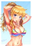  adjusting_hair arms_behind_head bikini blonde_hair blush border breasts cleavage collarbone commentary_request dated eyebrows_visible_through_hair eyelashes front-tie_bikini front-tie_top head_tilt highres hydro_p idolmaster idolmaster_cinderella_girls idolmaster_cinderella_girls_starlight_stage jewelry large_breasts long_hair looking_at_viewer mouth_hold navel necklace o-ring o-ring_bikini ootsuki_yui ponytail purple_eyes rainbow_bikini side-tie_bikini solo swimsuit twitter_username white_border 