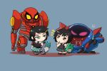  alternate_universe backpack bag black_footwear black_hair black_legwear blush brown_eyes chibi dual_persona green_eyes hair_between_eyes highres marvel mecha multiple_girls necktie open_mouth peni_parker pleated_skirt school_uniform shirt short_sleeves skirt sp//dr spider-man:_into_the_spider-verse spider-man_(series) yabunoki 