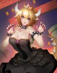  1girl armlet bare_shoulders black_collar black_dress blonde_hair blue_eyes blush bowsette bracelet breasts cleavage collar collarbone crown dress earrings horns jewelry large_breasts long_hair looking_at_viewer mario_(series) monster_girl neck new_super_mario_bros._u_deluxe nintendo pointy_ears spiked_armlet spiked_bracelet spiked_collar spiked_shell spikes strapless strapless_dress super_crown tongue tongue_out turtle_shell white_horns 