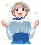  :d axis_powers_hetalia bad_id bad_twitter_id blue_eyes blue_ribbon breasts buttons dress_shirt eyebrows_visible_through_hair fingernails flying_sweatdrops hair_ornament hairband hands_up large_breasts long_sleeves looking_at_viewer open_mouth ribbon sayshownen shirt short_hair silver_hair smile solo twitter_username ukraine_(hetalia) white_background white_shirt x_hair_ornament yellow_hairband 