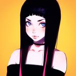  bangs bare_shoulders blue_eyes blunt_bangs choker close-up closed_mouth highres ilya_kuvshinov lips long_hair looking_at_viewer multicolored_hair original solo strapless streaked_hair two-tone_hair upper_body yellow_background 