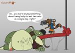  2018 anthro belly big_belly brown_fur catfish clothed clothing cowardlion demon dialogue digital_media_(artwork) drooling duo erection fish flat_colors fur guardians_of_the_galaxy gun hat holding_object holding_weapon humanoid_penis larger_male league_of_legends long_tongue male male_pred mammal marine marvel open_mouth overweight penis procyonid raccoon ranged_weapon rat riot_games rocket_raccoon rodent saliva simple_background size_difference smaller_male tahm_kench_(lol) tongue tongue_out twitch video_games vore weapon 