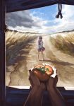  cloud cloudy_sky field food fruit holding holding_food holding_fruit hood kijin_seija long_sleeves out_of_frame outstretched_arms persimmon pov road scenery skirt sky solo_focus touhou yamamomo_(plank) 