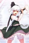  bangs black_hairband black_ribbon bloomers bob_cut commentary_request cowboy_shot eyebrows_visible_through_hair green_skirt green_vest hair_ribbon hairband hitodama holding holding_sword holding_weapon kaiza_(rider000) katana konpaku_youmu konpaku_youmu_(ghost) long_sleeves looking_at_viewer open_mouth petticoat red_eyes ribbon shirt short_hair silver_hair skirt skirt_set solo stairs standing sword touhou underwear v-shaped_eyebrows vest weapon white_bloomers white_shirt 