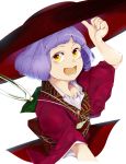  absurdres bowl bowl_hat commentary_request hand_on_headwear hat highres hiyuu_(flying_bear) holding japanese_clothes kimono long_sleeves needle obi object_on_head open_mouth purple_hair sash short_hair simple_background smile solo sukuna_shinmyoumaru touhou white_background wide_sleeves yellow_eyes 