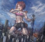  abs bangs bare_arms bare_shoulders biceps bike_shorts black_shorts blue_sky breasts brown_eyes brown_hair city cityscape cloud cloudy_sky collarbone commentary_request crushing day destruction dutch_angle giantess girls_und_panzer half-closed_eyes hand_to_own_mouth landscape looking_at_viewer midriff muscle muscular_female navel nishizumi_miho open_mouth outdoors pink_sports_bra raised_eyebrows rubble short_hair shorts size_difference sky small_breasts smoke sports_bra sweat sweating_profusely vehicle_request yilx 