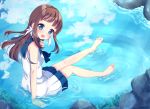  :d barefoot blue_eyes blue_sky brown_hair cloud commentary_request dress from_above hair_rings highres mukaido_manaka nagi_no_asukara open_mouth partially_submerged reflection rock sailor_dress school_uniform serafuku sitting sky smile suzu_(minagi) water wet 