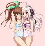  2girls blue_eyes blue_panties blush breasts brown_hair fuuka_reventon honghuo_renyang lingerie looking_at_another lyrical_nanoha medium_breasts multiple_girls panties pink_panties purple_eyes rinne_berlinetta smile underwear vivid_strike! white_hair yuri 