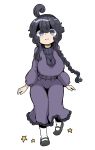  1girl @_@ ahoge alternate_hairstyle black_hair braid breasts creatures_(company) dress full_body game_freak hairband hex_maniac_(pokemon) large_breasts long_hair long_sleeves looking_at_viewer nintendo pokemon pokemon_(game) pokemon_xy purple_eyes simple_background solo tazonotanbo turtleneck white_background 