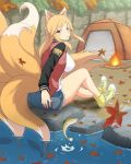  :o animal_ears ass blush bonfire breasts campfire cross-laced_footwear cutoffs day denim denim_shorts fire fish fox_ears fox_tail from_behind jacket kumi_(senran_kagura) large_breasts leaf letterman_jacket long_hair looking_back maple_leaf multiple_tails official_art open_mouth orange_hair outdoors red_eyes senran_kagura senran_kagura_new_wave shirt shoes short_shorts shorts sidelocks sitting sneakers solo source_request tail tent very_long_hair water white_shirt yaegashi_nan 