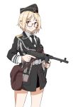  aiguillette bag bangs belt bespectacled black-framed_eyewear black_jacket black_neckwear blonde_hair carrying closed_mouth commentary cowboy_shot dress_shirt epaulettes eyebrows_visible_through_hair garrison_cap girls_frontline glasses gun hat highres holding holding_gun holding_weapon jacket looking_at_viewer military military_uniform mp40 mp40_(girls_frontline) necktie no_pants perfect_han red_eyes satchel semi-rimless_eyewear shirt short_hair simple_background smile solo standing submachine_gun swept_bangs trigger_discipline two-handed under-rim_eyewear uniform utility_belt weapon white_background white_shirt wing_collar 