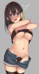  1girl bangs bare_shoulders black_legwear black_panties blue_eyes blush breasts brown_hair commentary contrapposto cowboy_shot crop_top denim denim_shorts eyebrows_visible_through_hair grey_background hairband kureha_(ironika) lifted_by_self looking_at_viewer medium_breasts navel no_bra open_mouth original panties pink_lips polka_dot red_hairband shiny shiny_skin short_shorts shorts simple_background standing stomach surprised thighhighs thighs tsubasa_(kureha) underboob underwear undressing unzipped 