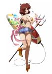 1girl ahoge armband ass bare_arms bare_shoulders bikini_top bow breasts brown_eyes brown_hair curvy denim denim_shorts flare_(langrisser) gluteal_fold heels high_heels hips langrisser langrisser_iii legs open_miutj polearm shaved_ice short_hair shorts sideboob solo spoon surfboard sweat teeth thick_thighs thighs tongue trident weapon wide_hips 