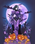  alternate_costume bad_anatomy bare_tree bat black_hair bodysuit egyptian fence full_body full_moon glowing graveyard grey_skin hair_tubes halloween halloween_costume helmet highres jack-o'-lantern long_legs mechanical_wings moon moonlight narrow_waist neon_trim night night_sky outdoors overwatch pharah_(overwatch) pointy_ears possessed_pharah power_armor purple purple_armor purple_moon sky slit_pupils solo source_request tree tumblr_username twitter_username watermark wings ziyo_ling 