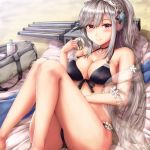  alternate_costume ass azur_lane bag bangs beach beach_mat bikini blush braid breasts buranketo_2 butterfly_hair_ornament cannon choker cleavage collarbone commentary_request crown_braid day doughnut dunkerque_(azur_lane) eyebrows_visible_through_hair feet_out_of_frame flower food grey_hair hair_ornament hairband halter_top halterneck highres holding holding_food knees_up large_breasts long_hair looking_at_viewer navel outdoors pink_eyes ponytail purple_bikini rigging sand sapphire_(stone) see-through shawl sidelocks sitting solo swimsuit thighs towel turret 
