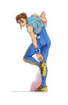  absurdres arm_support bengus blue_bodysuit bodysuit bracelet brown_eyes brown_hair chun-li double_bun double_vertical_stripe full_body highres jewelry leg_up looking_back official_art shoes short_hair simple_background sleeveless sneakers solo standing street_fighter street_fighter_zero_(series) traditional_media watercolor_(medium) white_background yellow_footwear 
